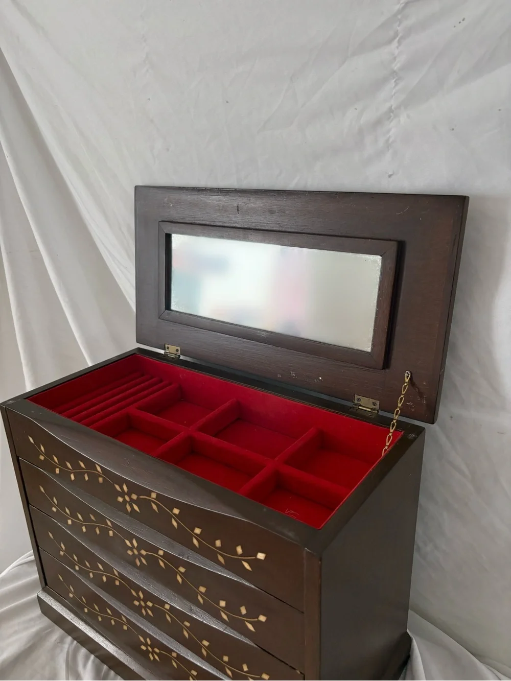 Vintage wood inlay large jewelry box storage boho midcentury home decor